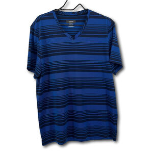 Alfani Mens Casual Short Sleeve Shirt V-Neck Blue Black Stripes Size Large